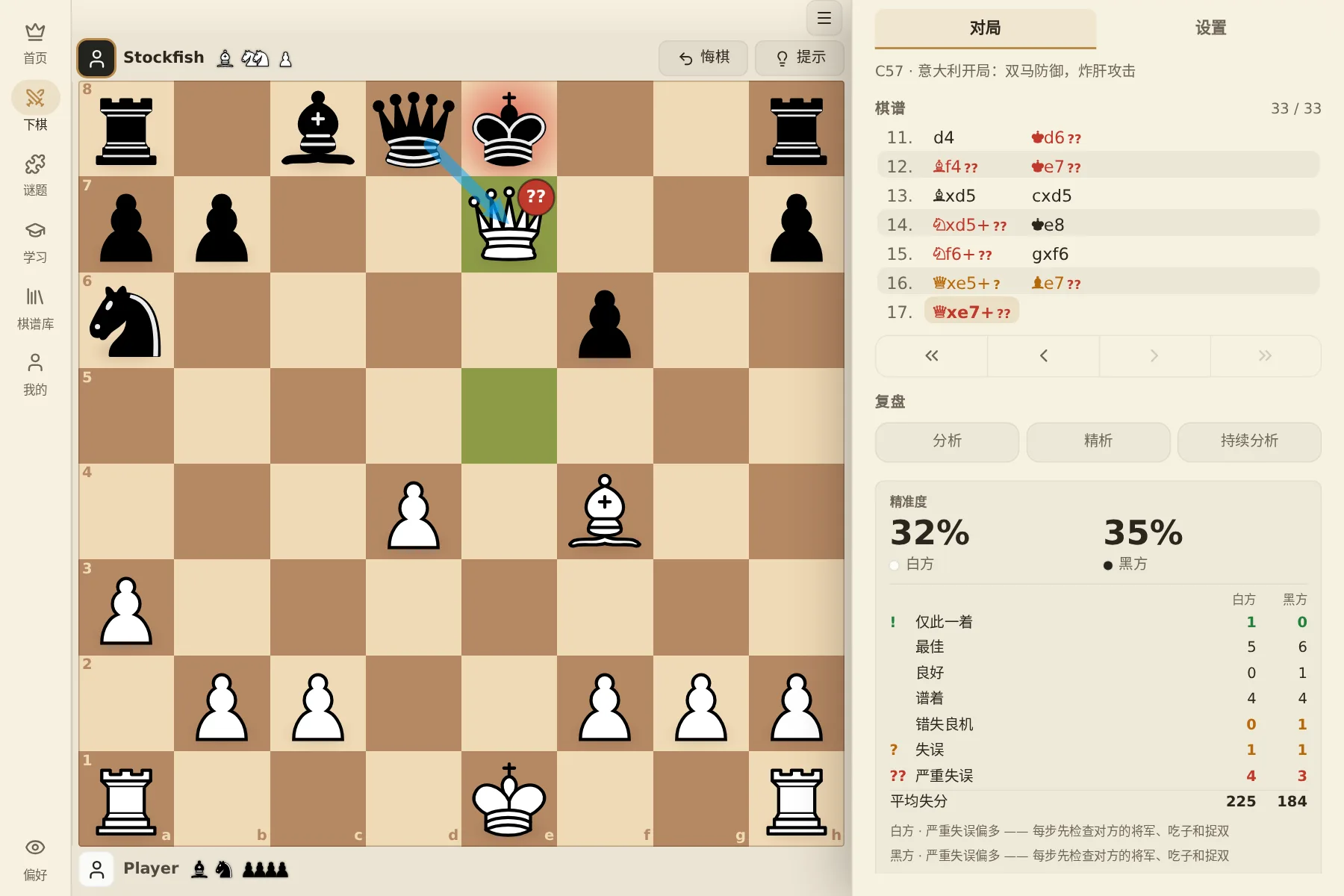 Chessboard 用 Stockfish 复盘完整局：终局局面、标出失着的评估曲线，以及双方精准度