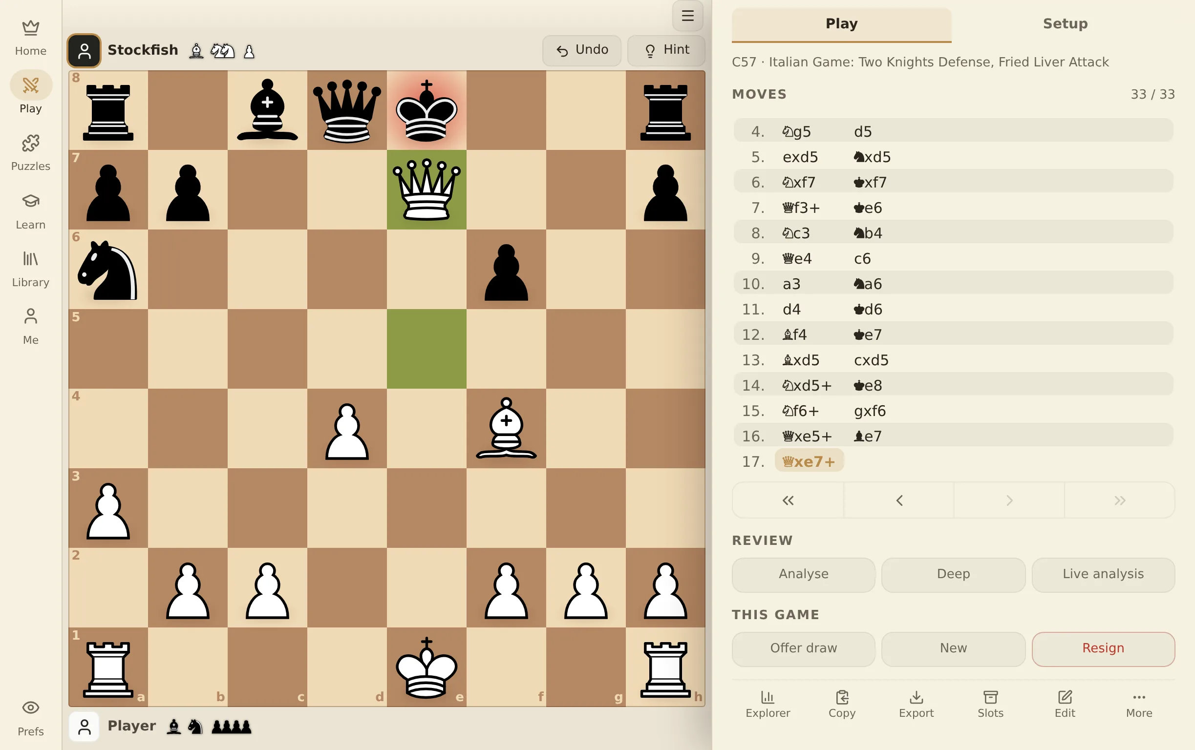 Chessboard in light appearance with the wood board, showing a finished game, the move list, and sidebar controls