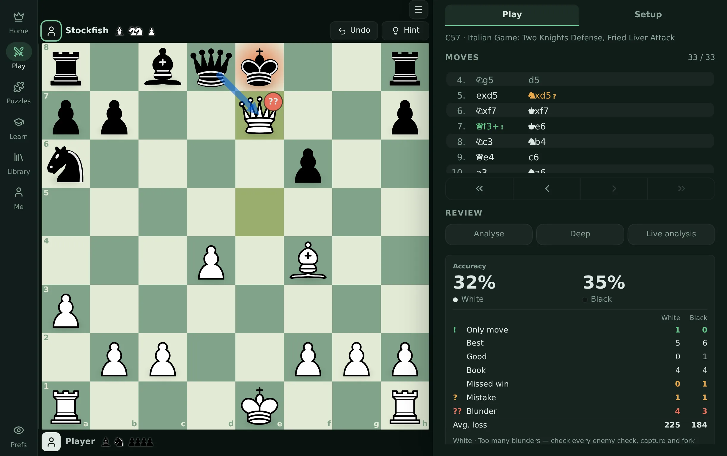 Chessboard in dark appearance with the green board on the final position of the game, preferences closed