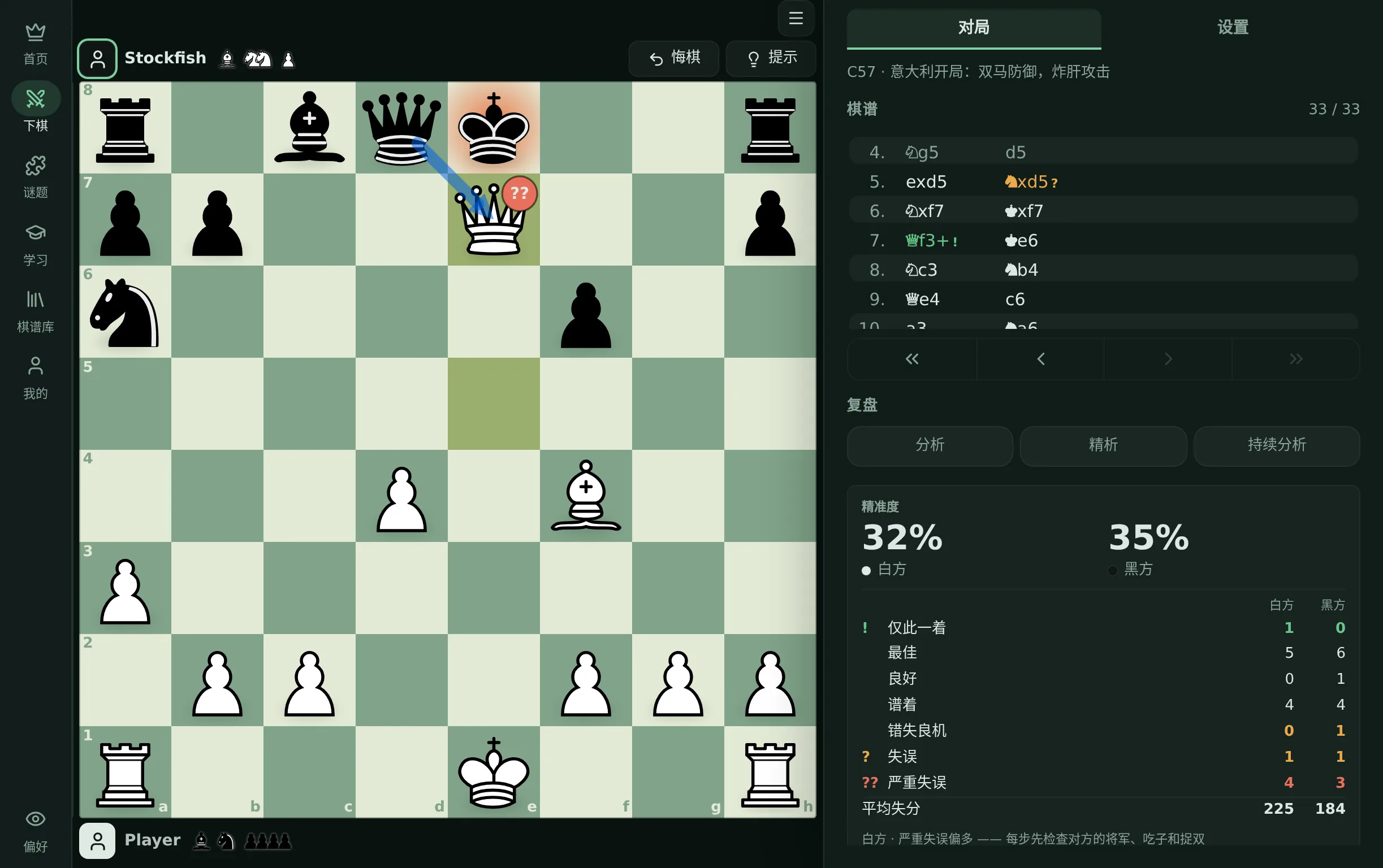 Chessboard 深色外观、绿色棋盘，对局终局局面