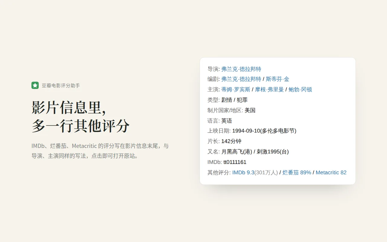 Store image: a Douban film info panel for The Shawshank Redemption ending in an Other ratings line written like the director and cast lines, as blue links split by slashes: IMDb 9.3 (3.01 million votes) / Rotten Tomatoes 89% / Metacritic 82