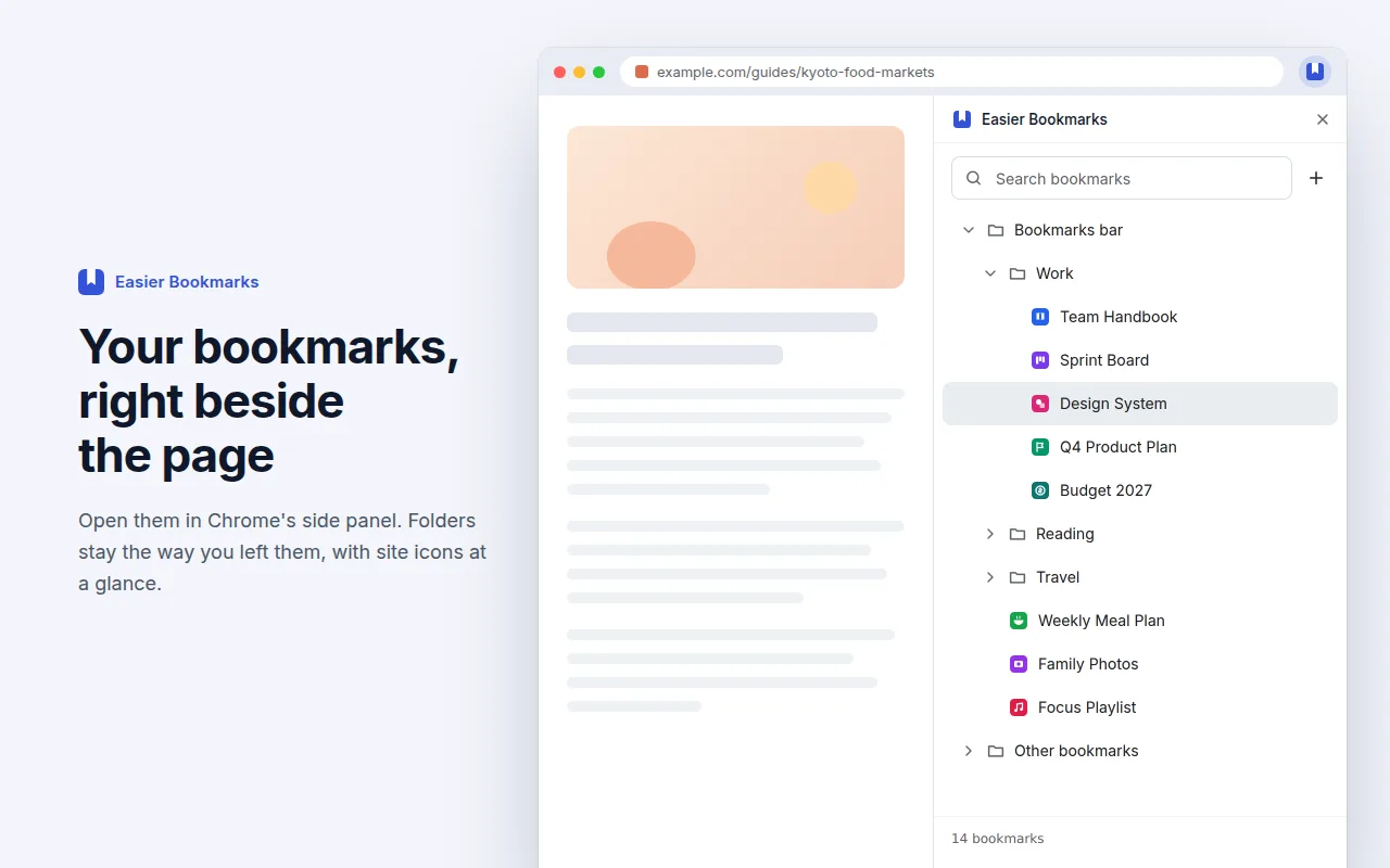 Store image: Easier Bookmarks in Chrome’s side panel beside a web page, a search box and + button at the top, the Work folder open with site icons, and a count of 14 bookmarks at the foot