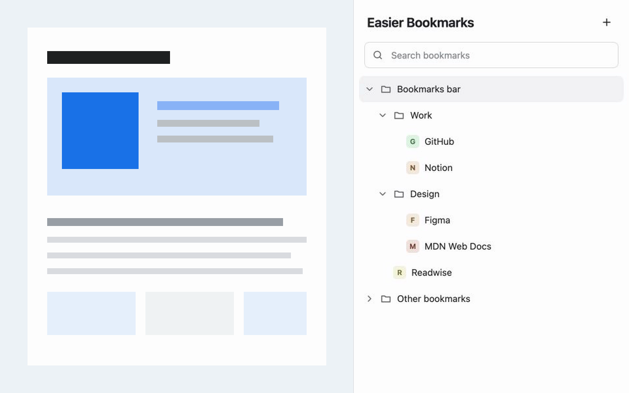Easier Bookmarks Chrome side panel showing a searchable bookmark tree