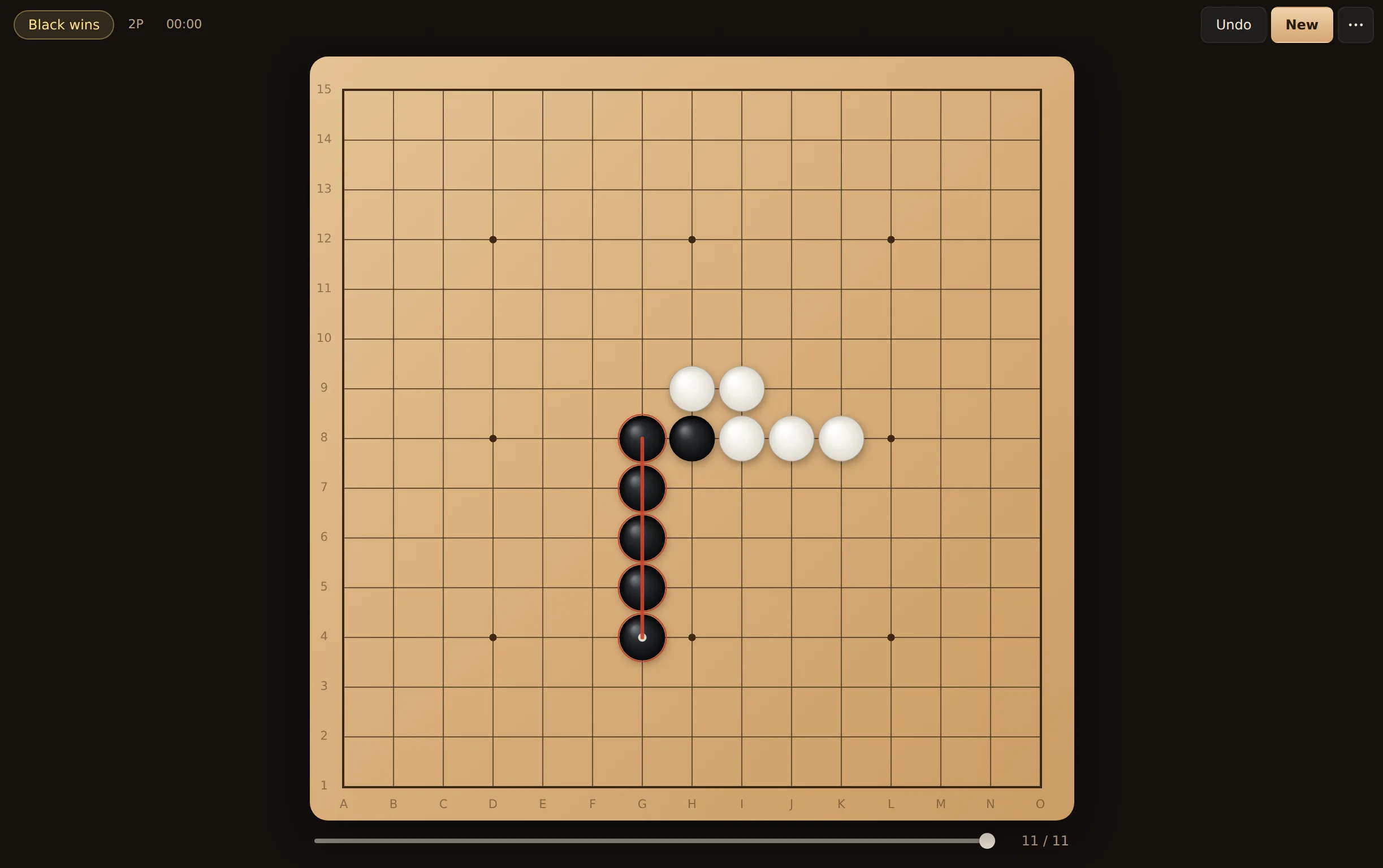 Goban wood board showing a finished game with Black's five in a row, the top bar, and the timeline under the board