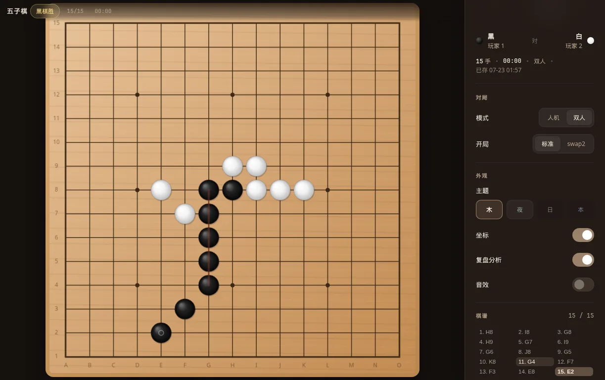 Goban wood board showing a completed game, black and white stones, a five-in-a-row highlight, and game controls