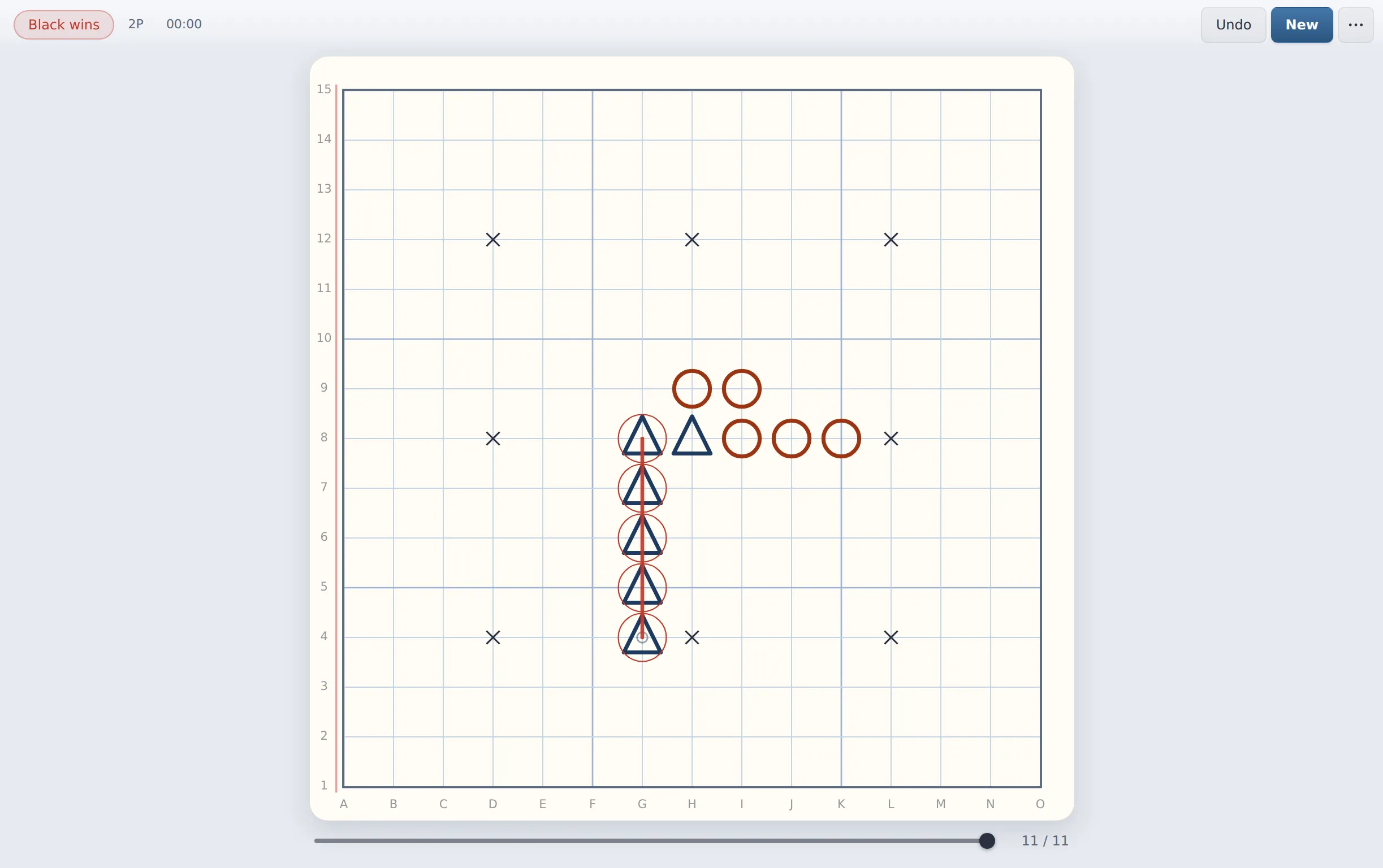 Goban notebook theme showing a completed game with triangle and circle pieces, a five-in-a-row highlight, and the timeline