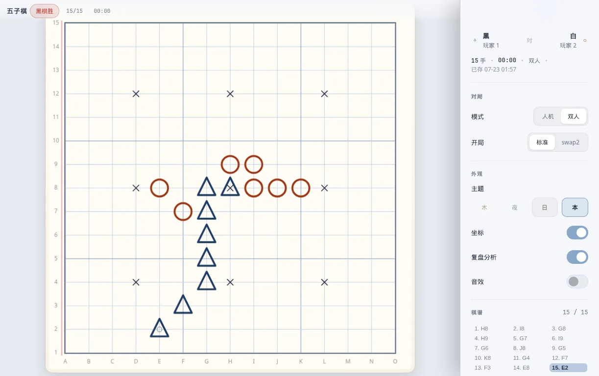 Goban notebook theme showing a completed game with triangle and circle pieces, a five-in-a-row highlight, and the game sidebar