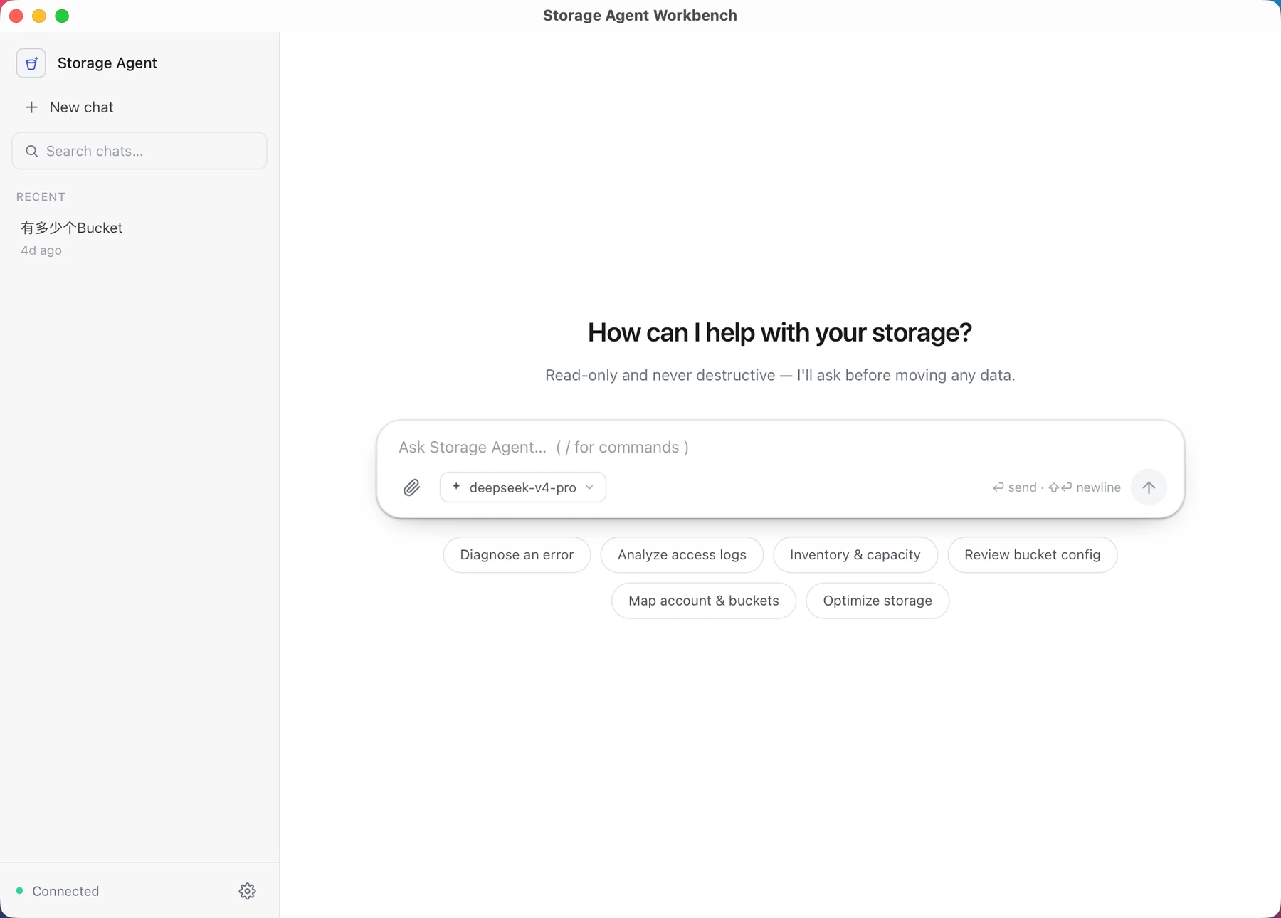 Storage Agent welcome screen with read-only investigation tasks