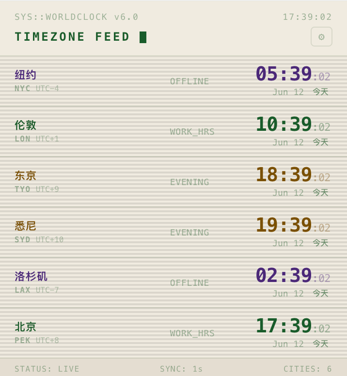 World Clock light theme timezone feed screenshot