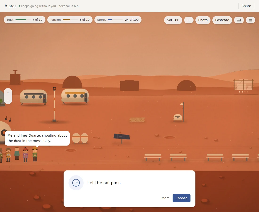 Pocket Universe on Ares, sol 180: habitat modules and domes on red regolith under a butterscotch sky, gauges for trust, tension and stores, and colonists talking by the solar panel. Captured from the app running in its Linux preview.