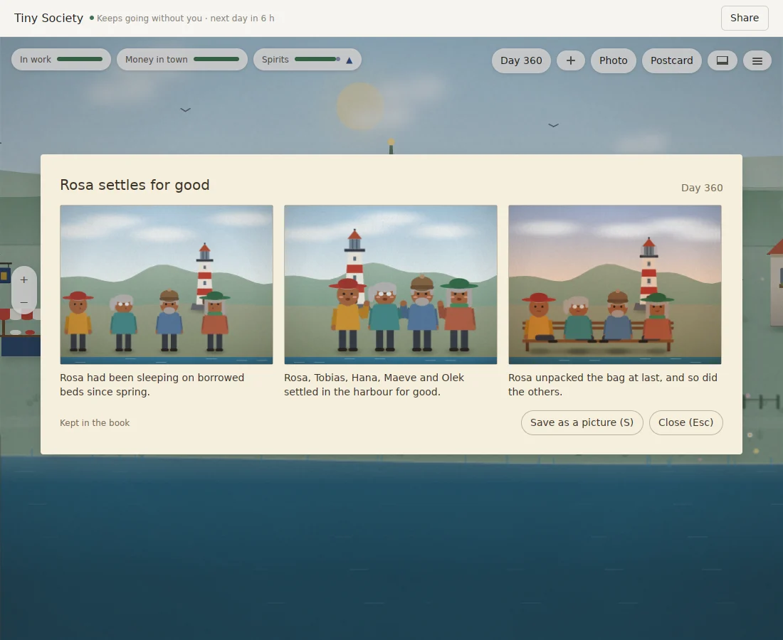 A moment in Tiny Society on day 360: a three-panel strip titled Rosa settles for good, captioned before, during and after, over the harbour. Captured from the app running in its Linux preview.
