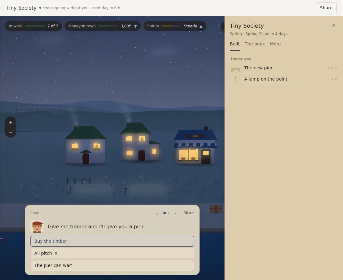 Tiny Society at night in spring: lit windows under a starry sky, the gauges and zoom buttons dark to match, while the drawer listing the new pier and a lamp on the point, and Evan's card offering a pier for timber, are warm paper. Captured from the app running in its Linux preview.